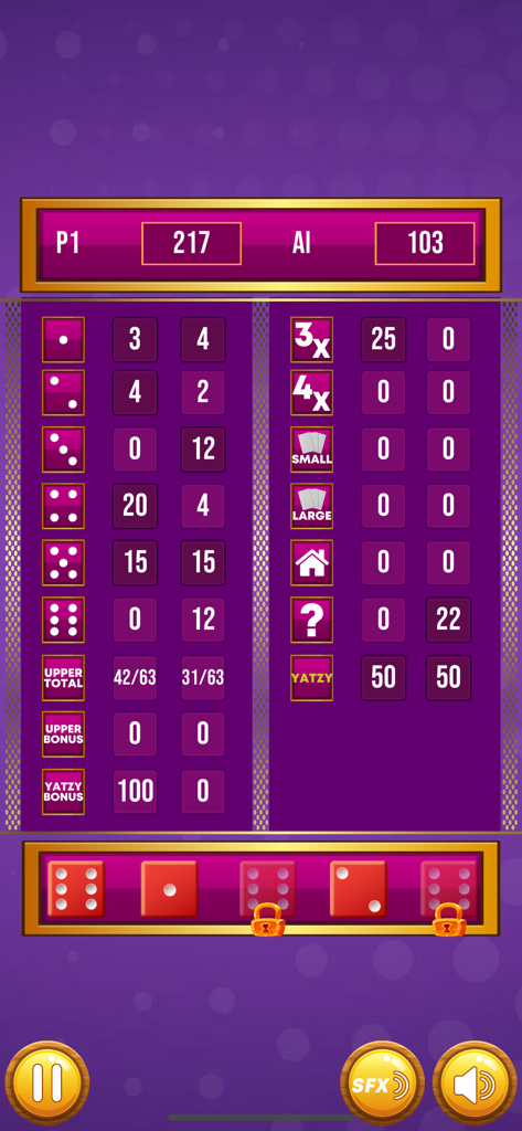 Yatzy Pro - Yatzy Pro gameplay screen showing a classic dice game scorecard with player and AI scores