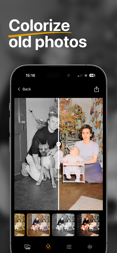 Colorize Old Photos: Pholorize - Pholorize app colorizing an old black and white photo of a family