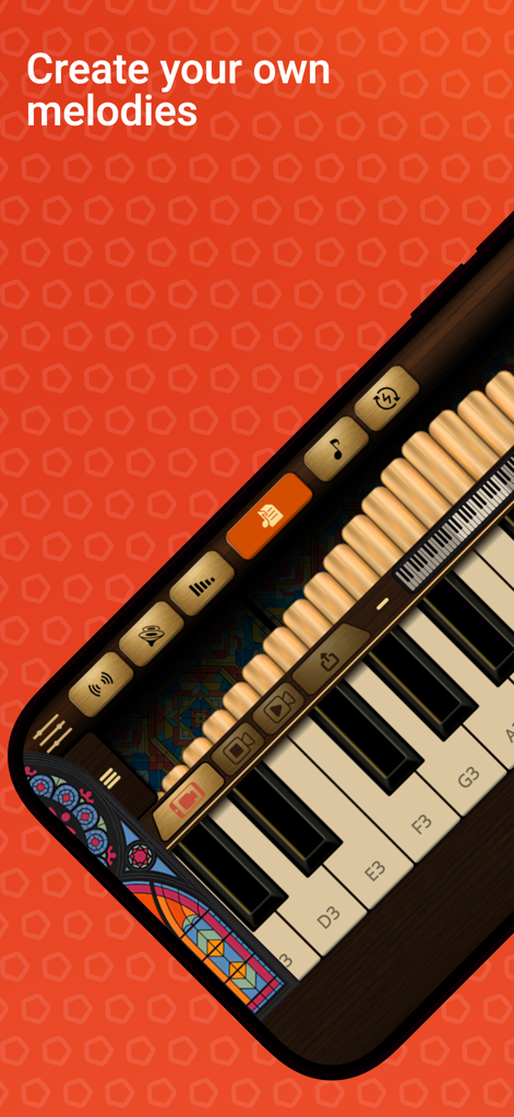 Pipe Organ - Interfaz de la aplicación Órgano de Tubos que muestra un teclado virtual para crear melodías