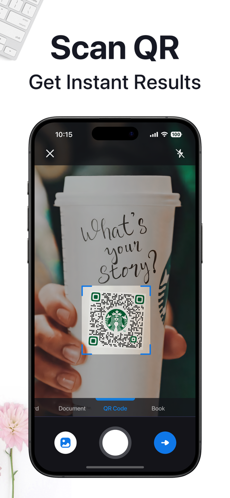 コーヒーカップからQRコードをスキャンして即座に結果を表示するiPhone上のEasy Scanアプリインターフェイス。