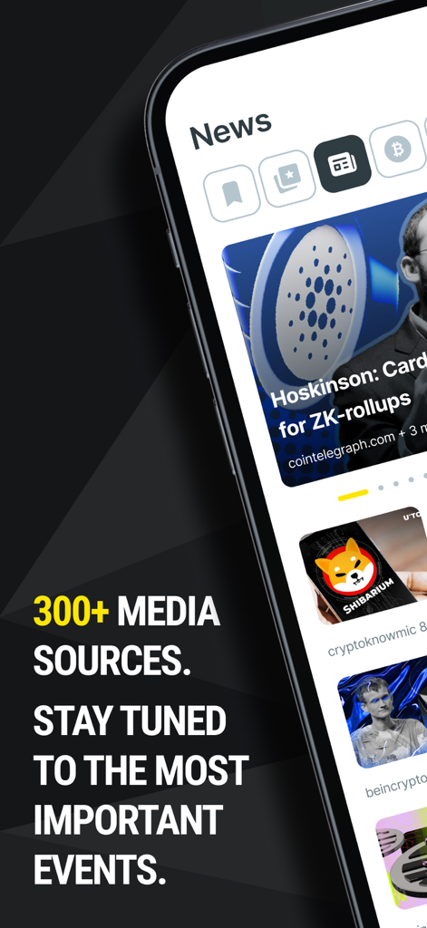 Mobile app interface of Crypto News showing a news feed with headlines and a text mentioning 300 plus media sources.