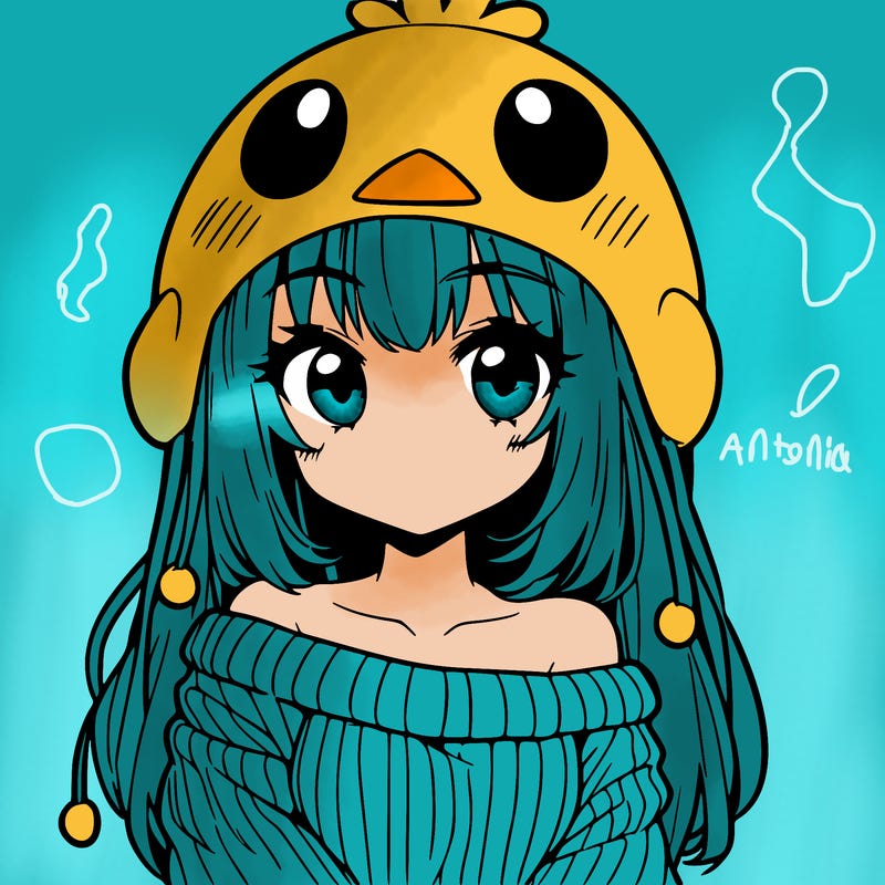 anime girl with chick shaped hat with sweater with bare shoulders with bangs covering them one eye with low tail