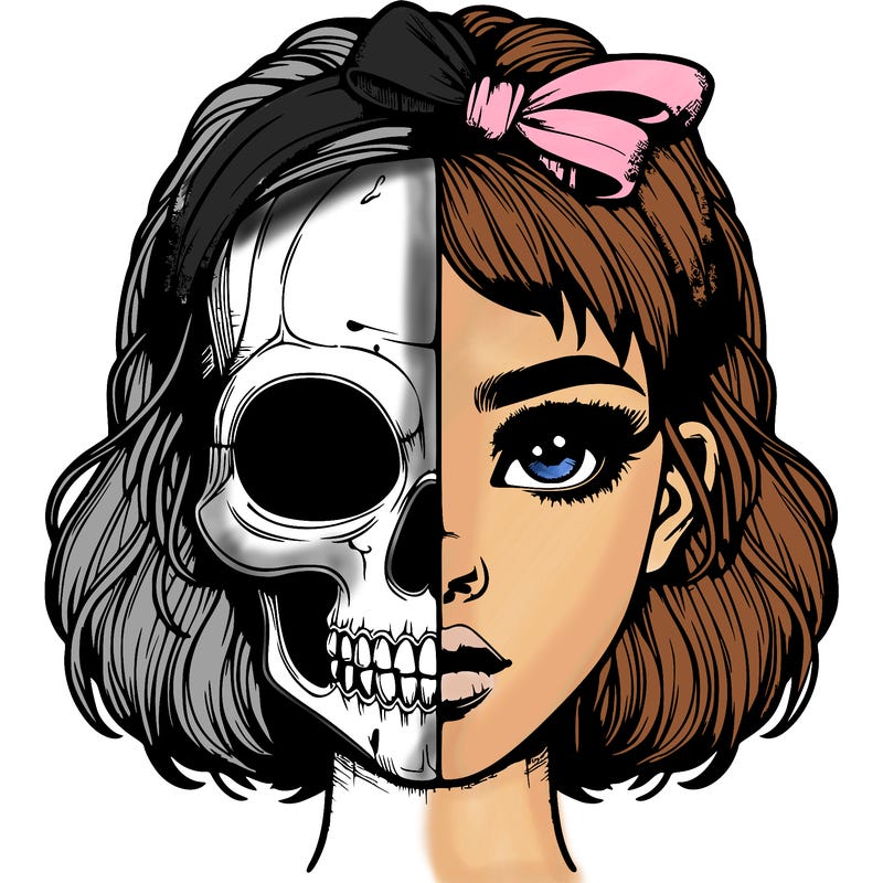 realistic girl with half skull mask