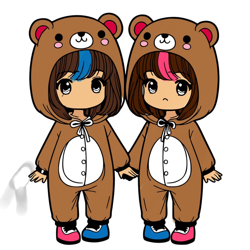 twin sisters dressed up in a teddy bear onesie