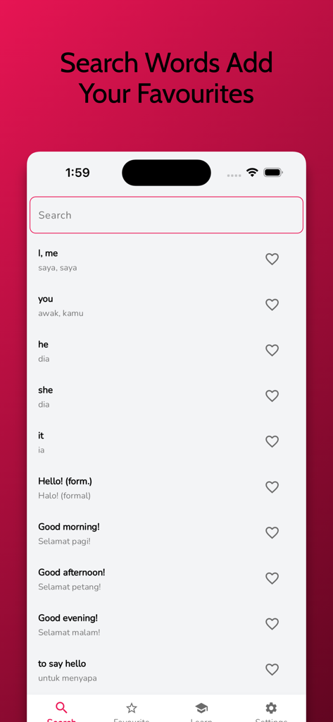 Bildschirm der Malay-Lern-App, auf dem eine Liste mit Grundvokabeln und -phrasen mit englischen Übersetzungen und Favoriten-Symbolen angezeigt wird