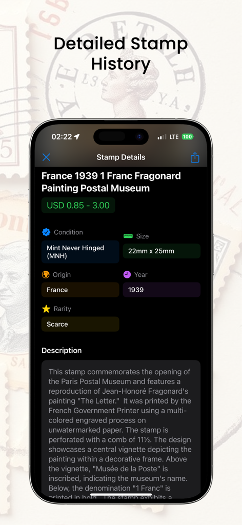 Stamp Identifier Value Scanner - A mobile app screen showing the market value, condition, and historical details of a 1939 French postage stamp.
