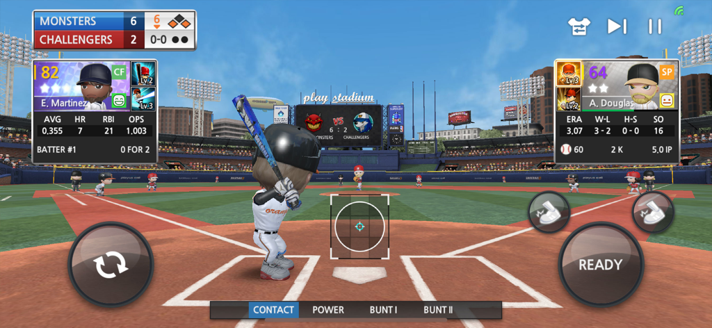 BASEBALL 9 - BASEBALL 9のゲーム内スクリーンショット。打者が打席に立ち、詳細な選手ステータスとリアルなスタジアムインターフェースが表示されています。