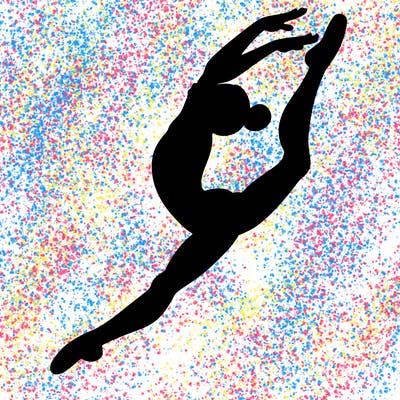 gymnast doing a leap in a leotard with a bent back leg