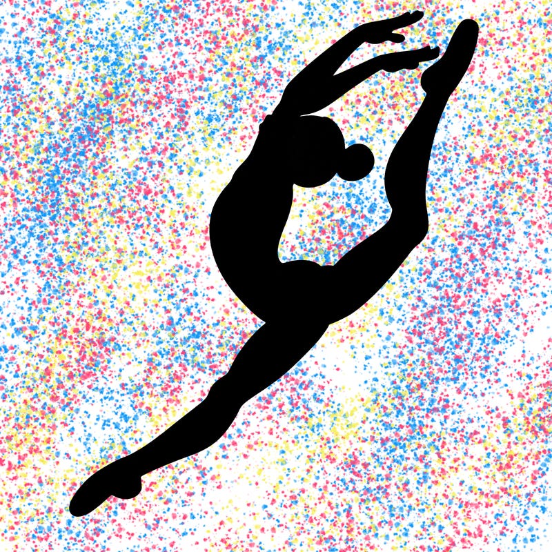 gymnast doing a leap in a leotard with a bent back leg
