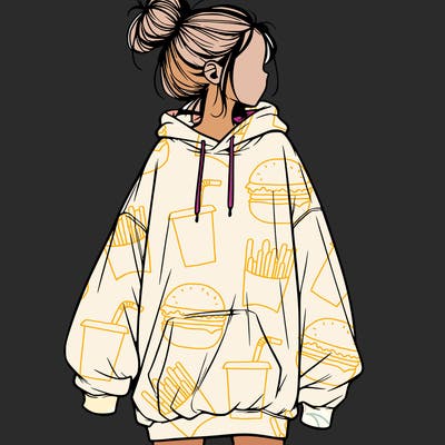 realistic girl with a oversized sweatshirt on and a bun