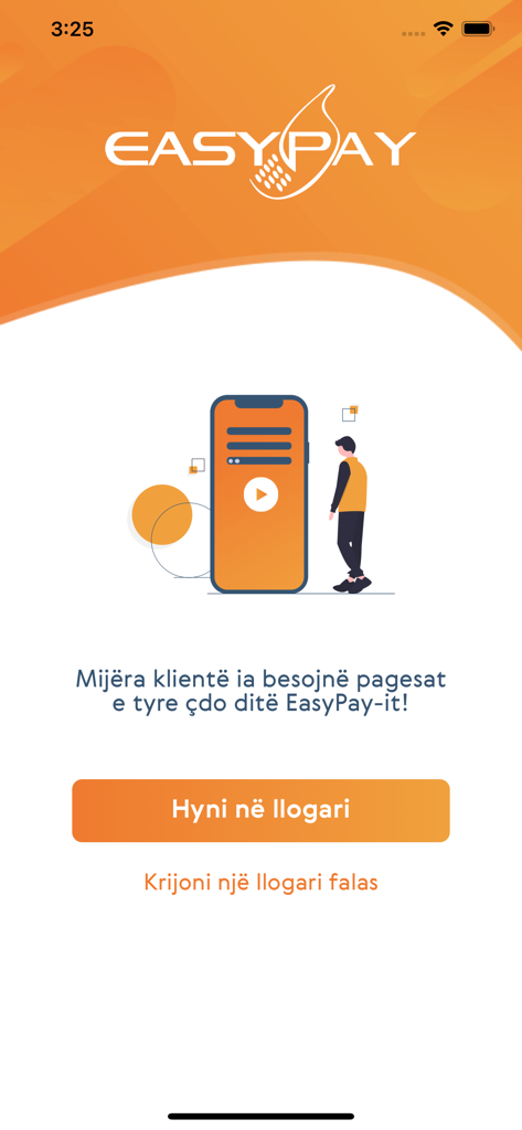 EasyPay Albania - EasyPay Albaniaモバイルアプリのウェルカム画面。アルバニア語でのログインと登録オプションが表示されます。