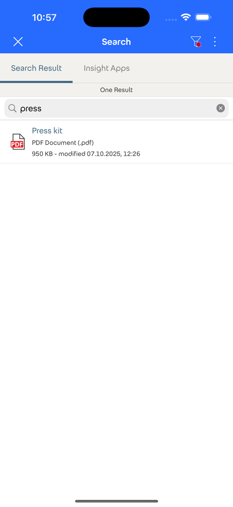 Fabasoft - Suchergebnisse in der Fabasoft-App, die ein PDF-Dokument namens Pressemappe anzeigen