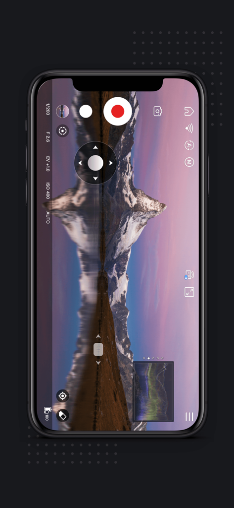ZY Play - Pantalla de smartphone que muestra la interfaz de cámara de la aplicación ZY Play con ajustes manuales profesionales y reflejo de montaña