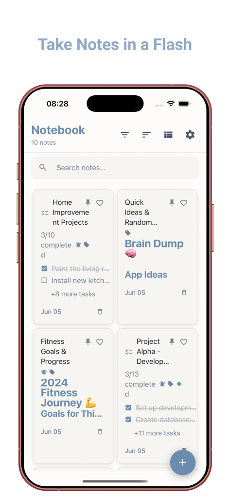 Notes - Notepad, Notebook - Interface of the notebook app showing a grid of organized notes and to-do lists with progress bars