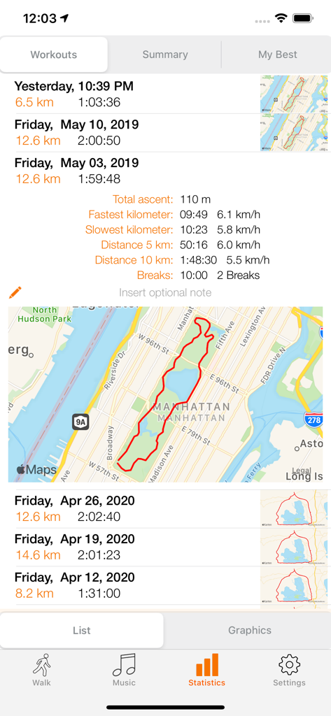 walk.App - Walking with GPS - walk.Appインターフェースに記録されたウォーキングワークアウトのリスト。日付、距離、セントラルパークのGPSマップルートを表示。