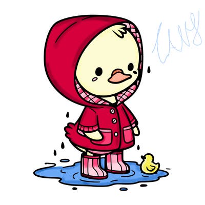 baby duck in a rain coat and boots, in a puddle while it’s raining
