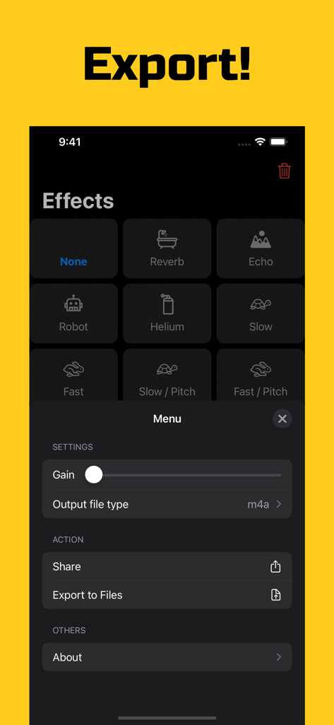 Voffect - Voice effect changer - Interface showing export and share options for voice recordings in Voffect