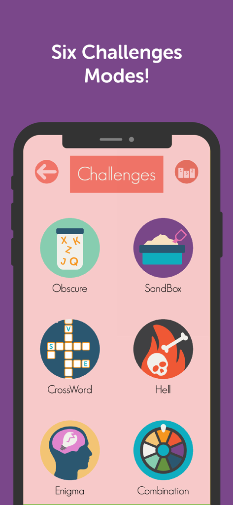 Spell Me app screen showing six different game challenge modes including CrossWord and Enigma