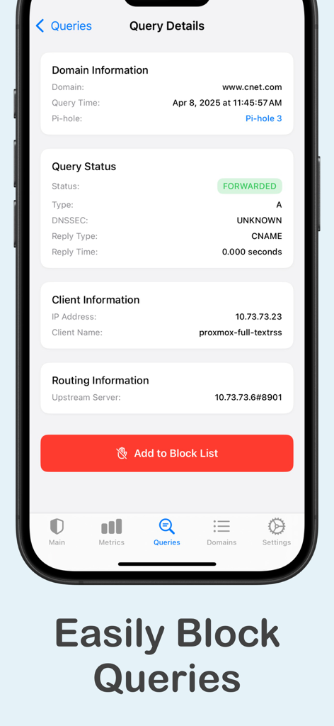 Pi-hole Switch Pro - iPhone screenshot of the Pi-hole Switch Pro app showing a detailed query log with an option to block the domain
