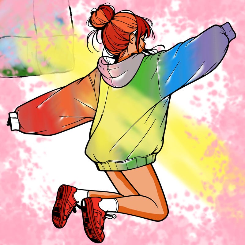 realistic girl jumping with a bun and oversized sweatshirt