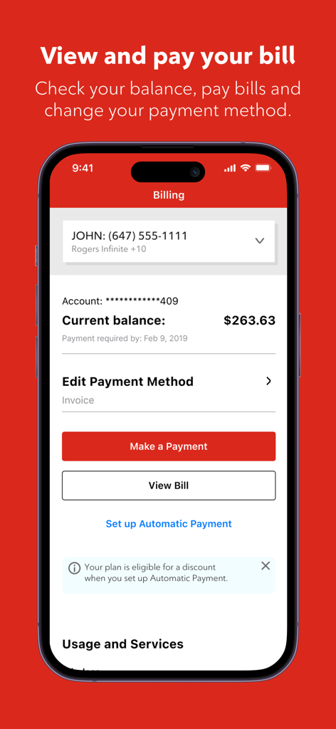 Schermata di fatturazione dell'app MyRogers che mostra il saldo corrente dell'account e le opzioni di pagamento.