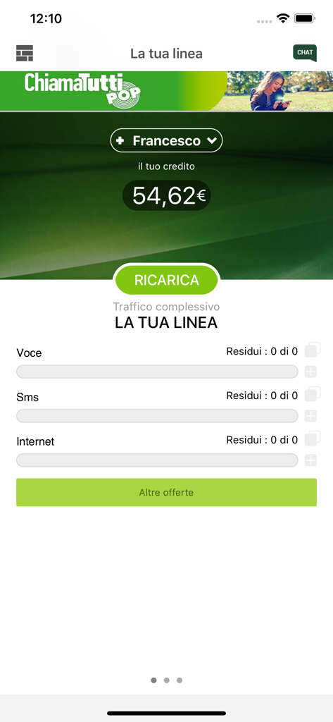 Panel de control de la app móvil CoopVoce mostrando el saldo de la cuenta y los medidores de uso para voz, SMS y datos