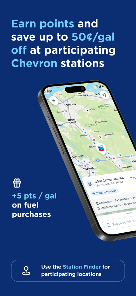 Mappa del localizzatore di stazioni dell'app Chevron con premi sul carburante