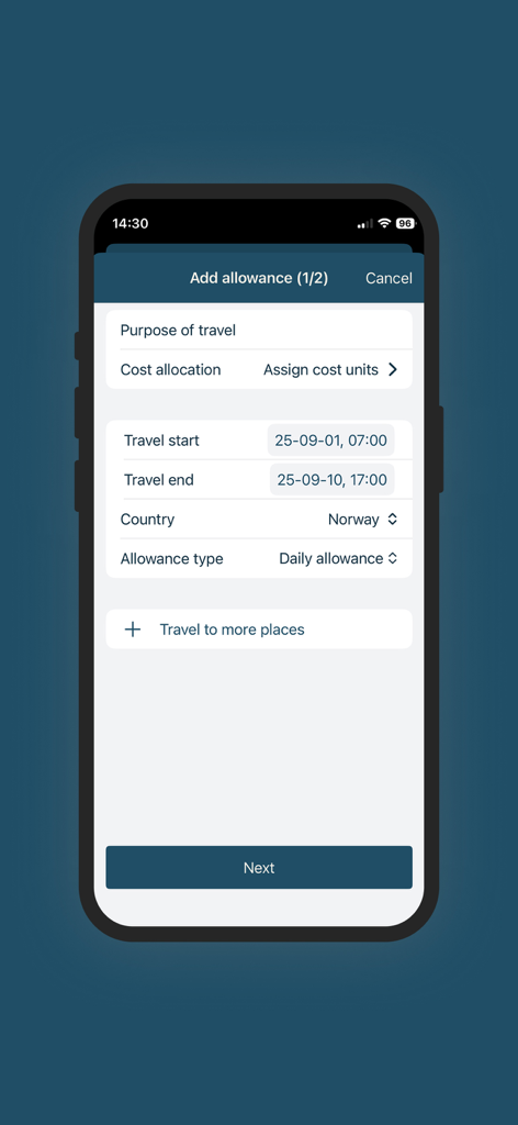 Tela do aplicativo Visma Employee para registrar auxílios de viagem, incluindo datas de viagem e detalhes de localização.
