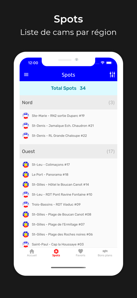 Direct Reunion - Écran de l'application Direct Reunion affichant une liste des emplacements de webcam disponibles par région à La Réunion
