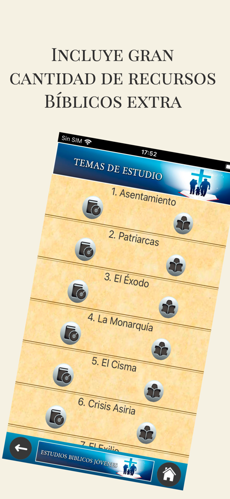 Lista de temas de estudio biblico en la aplicacion Estudios Biblicos Jovenes incluyendo Patriarcas y El Exodo