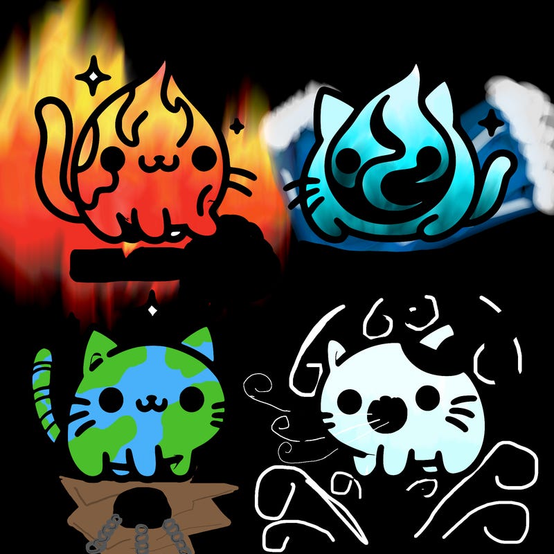4 cats that represent the different elements, earth, water, air, and fire
