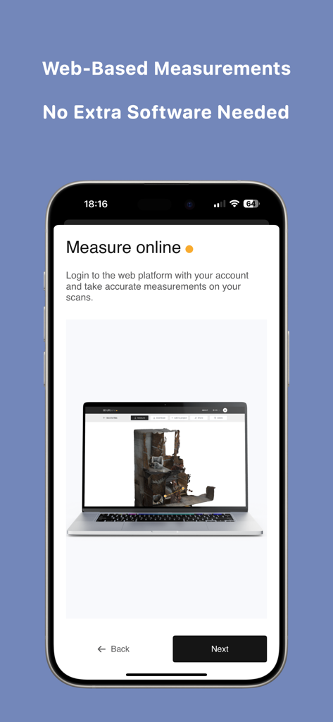 3DLiftLens - Smartphone screen showing the 3DLiftLens app interface with information about web based measurements on a laptop displaying a 3D elevator shaft scan
