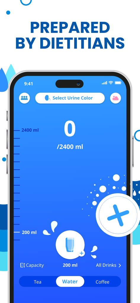 Water Reminder - Drink - Water Reminder app interface showing daily hydration goal tracking and drink options for water tea and coffee