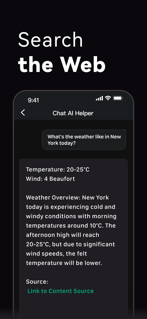 Chat AI 5 - Chatbot Assistant - Interface de chatbot montrant les informations météorologiques pour New York récupérées à partir d'une recherche Web