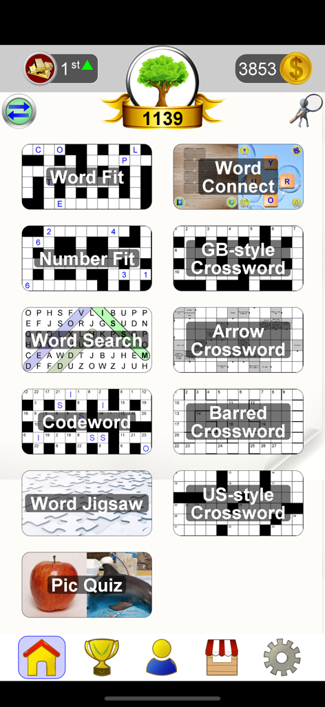 Word Games - Pantalla del menú de la aplicación Juegos de Palabras mostrando diferentes categorías de puzles como crucigramas y sopa de letras