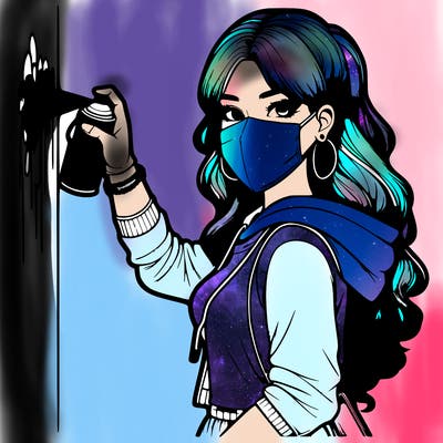 realistic girl with mask spray painting a wall