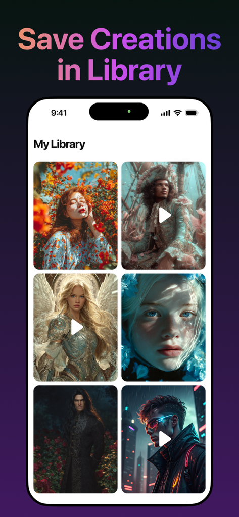 Pixverse - AI Video Effects - Interfaz de la Biblioteca de la aplicación Pixverse mostrando varios efectos de video y retratos generados por IA guardados