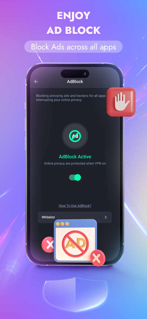 iTop VPN: Unlimited Fast Proxy - Mobile screen showing the iTop VPN AdBlock feature activated to block ads and trackers across all apps