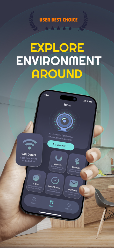 Smart Device Detector & Signal - Interfaz de la aplicación Detector de Dispositivos Inteligentes con herramientas para análisis de red y protección de privacidad