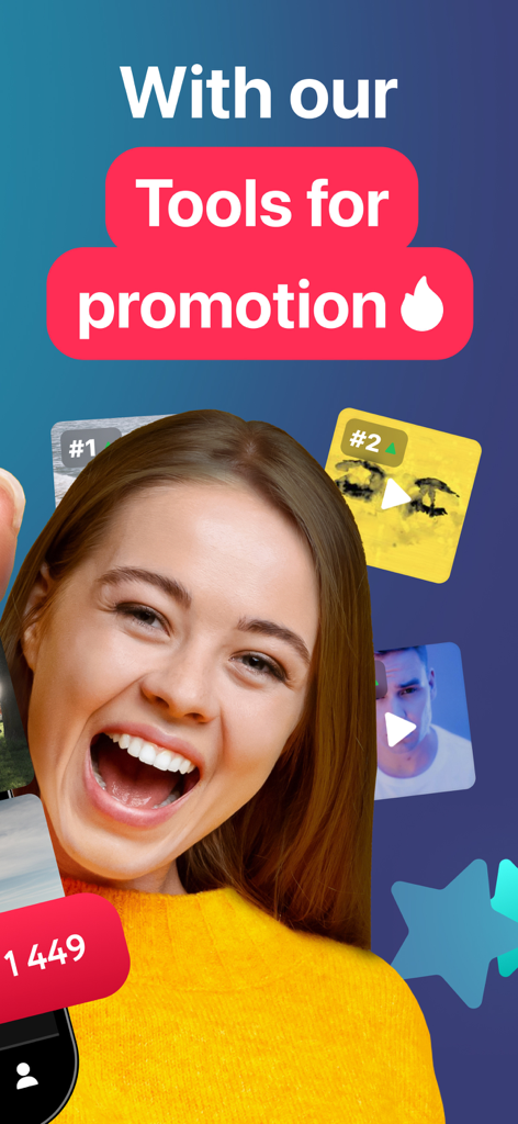 TokTrends Fans,Likes,Followers - A young woman smiling next to text highlighting tools for social media promotion and viral video rankings