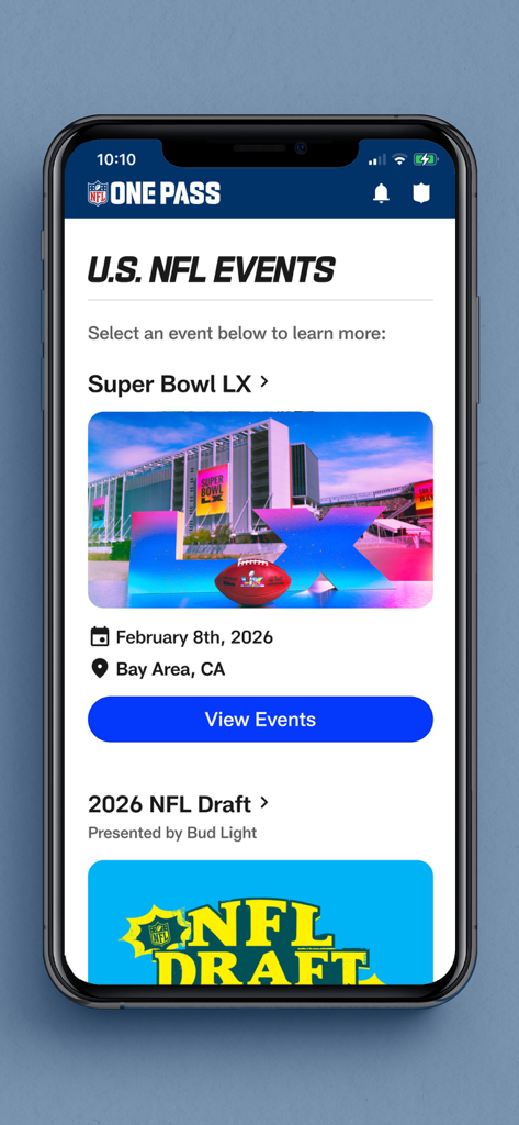 NFL OnePass app screen displaying upcoming events including Super Bowl LX and the 2026 NFL Draft