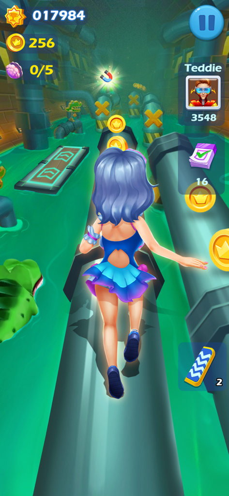 Una personaje femenina en traje de baño corriendo sobre una tubería en el juego móvil Subway Princess Runner.