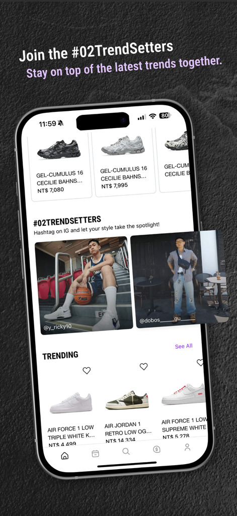 AREA 02: Hype Culture Exchange - コミュニティのトレンドセッターとトレンドのスニーカーが表示されたAREA 02のモバイルアプリインターフェース。