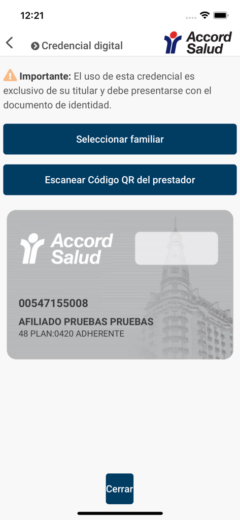 Accord salud - Pantalla de la app Accord Salud mostrando una tarjeta de credencial médica digital con información del miembro y detalles del plan