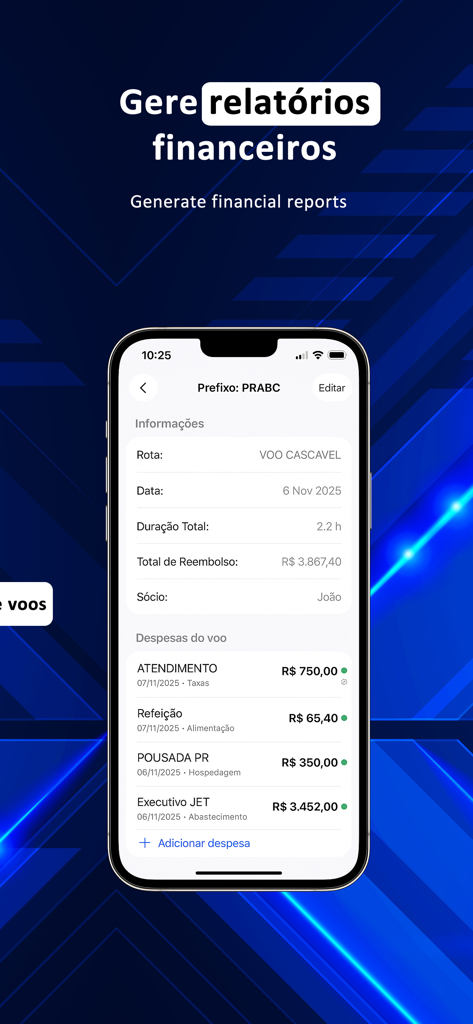 AeroCosts - AeroCosts app interface displaying a detailed flight financial report with expenses