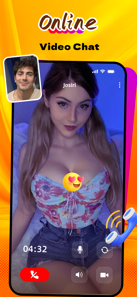 Olivn：Live Video Chat，Meet - 올리븐 앱의 스크린샷으로, 여성과 남성 간의 라이브 비디오 채팅과 통화 제어 버튼이 표시됩니다.