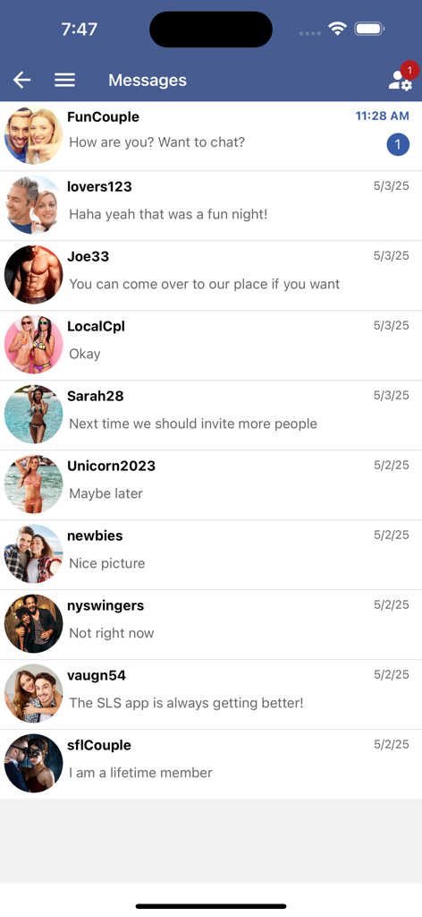 SLS Official Swinger Community - Messaging interface of the SLS Official Swinger Community app showing a list of private conversations