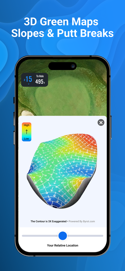 18Birdies: Golf GPS Tracker - 퍼팅 경사도를 분석하기 위한 등고선과 경사 화살표가 있는 3D 그린 맵을 보여주는 18Birdies 앱