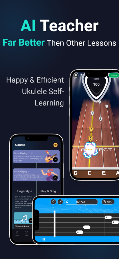 ukulele tuner - utunermate - AI teacher and gamified ukulele lessons shown on mobile screens