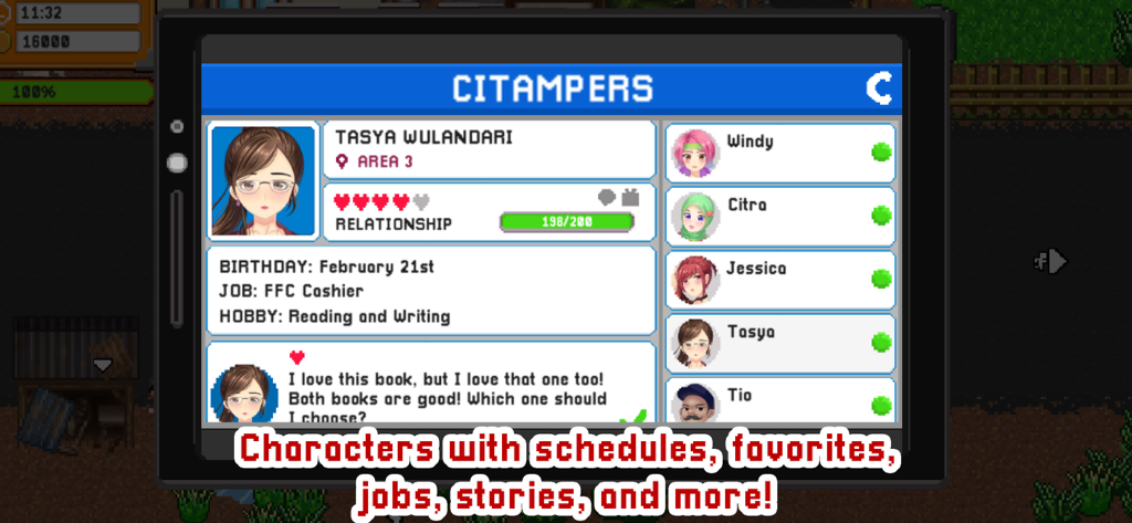 Character profile screen in Citampi Stories showing relationship status and biography for Tasya Wulandari.
